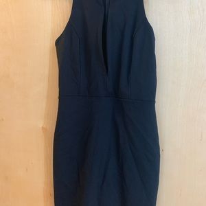 Black low v neck front cut mini dress